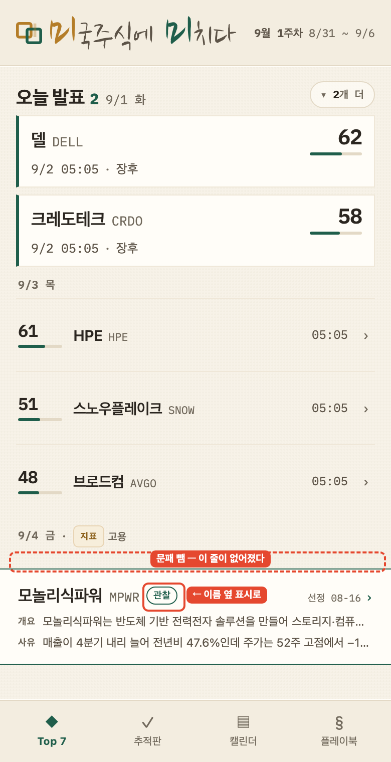 다시 — 머리를 떼고 회사 이름 옆에 '관찰' 표시 (다시 그린 화면 · 실제와 다름)